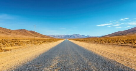 Straight empty asphalt road stretches through dry desert landscape with yellow grass and hills under bright blue sky with few clouds