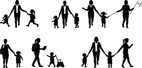 Silhouette parents with children, teacher walking with kids, family education, mother father child care, teaching guidance, childhood learning activity illustration