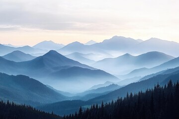 Obraz premium Layered mountain ranges fading into the distance under a soft, misty light with dense pine forests in the foreground, creating a tranquil and serene atmosphere