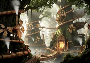 Obraz premium A magical steampunk forest where ancient trees have been transformed into intricate clockwork machinery.
