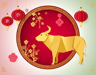 Gold ox, red, and pink flowers