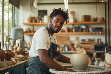 Fototapeta premium Young man shaping a large clay pot on a pottery wheel in a bright pottery studio filled with finished ceramics, focused and calm expression