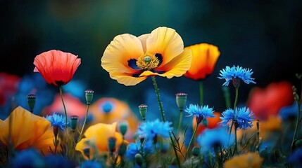 Close-up of vibrant yellow, red, and blue wildflowers in bloom under soft, moody lighting creating a serene and colorful natural scene