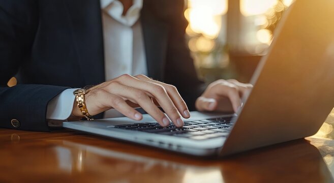 Close-up of a person wearing a dark suit and gold watch typing on a laptop keyboard with warm sunlight in the background