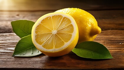 Juicy Lemon Half Resting On Rustic Wooden Table With Leaves