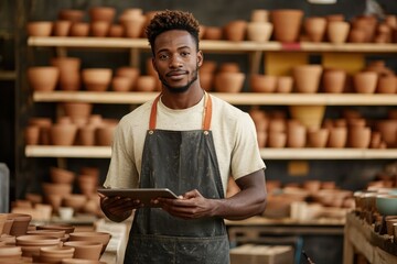 Young male artisan wearing apron holding digital tablet in pottery workshop surrounded by shelves filled with handmade clay pots and bowls