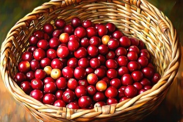 woven basket filled with shiny fresh red cranberries and a few orange-yellow cranberries inside