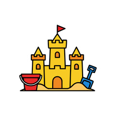 Colorful sandcastle with red bucket and blue shovel, fun summer beach illustration, flat cartoon vector design for vacation themes