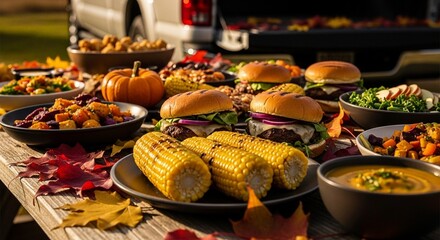 Autumn tailgate party feast with burgers, grilled corn, and seasonal dishes on a rustic picnic table