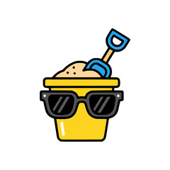 Cute beach pail with spade and sand inside, decorated with stylish sunglasses, playful flat cartoon vector for holiday themes