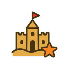 Cartoon sandcastle with red flag and orange starfish, simple flat design symbol of summer beach holiday vacation fun