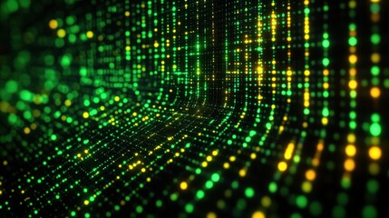Abstract digital landscape of glowing green and yellow dots forming a curved grid pattern conveying a sense of depth and futuristic technology