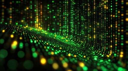 Abstract digital landscape of flowing illuminated green and yellow dots creating a wave-like pattern with depth and vibrant glowing effect