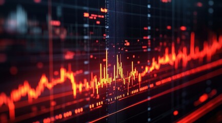Close-up view of a bright red fluctuating financial or data graph on a digital screen with grid lines and various data points in a dark environment
