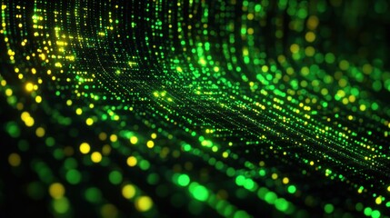 Abstract wave pattern composed of glowing green and yellow digital dots creating a flowing, dynamic light effect on a dark background