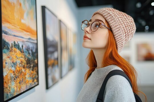Young woman with red hair and glasses wearing a knit hat and gray sweater thoughtfully viewing landscape paintings in an art gallery - Powered by Adobe