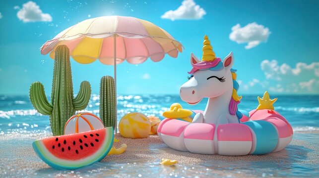 Happy colorful unicorn float in the water near sandy beach with watermelon slice, cactus, beach umbrella, and beach toys under bright blue sky