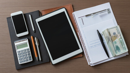 Office desk flat lay with smartphone, tablet, pen, and financial documents neatly arranged