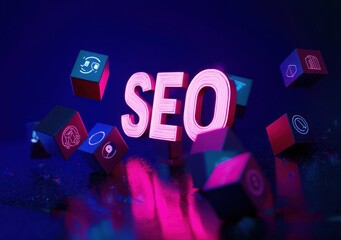 Glowing pink neon letters spelling SEO surrounded by floating dark cubes with various technology and digital icons on a reflective surface under blue and pink lighting