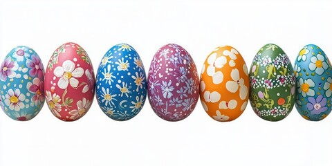 Seven vibrantly painted Easter eggs decorated with colorful floral patterns on a white background, creating a cheerful and festive atmosphere