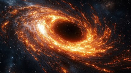 Bright glowing swirling fiery vortex resembling a black hole in outer space with surrounding stars and cosmic dust