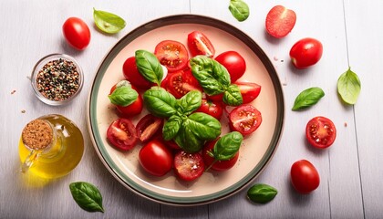 Summer Salad With Tomatoes And Basil On A Plate Ingredients Scattered Around Useful For Food Blogs Promoting Healthy Eating And Restaurant Menus
