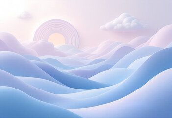 Digital illustration of rolling blue waves under a pastel sunset with clouds and a geometric sun