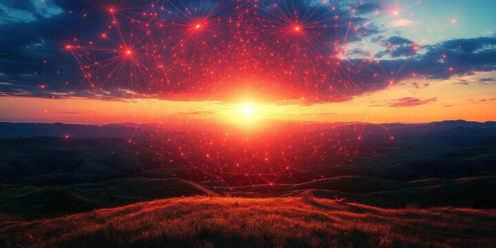 Sunset over rolling hills with red glowing network nodes interconnected in the sky above creating a futuristic digital web