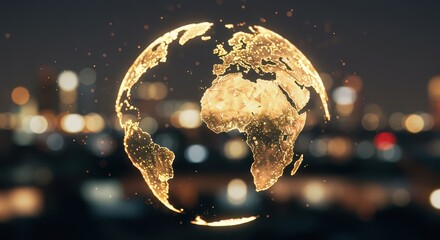 Golden Globe: A luminous depiction of the Earth, its continents and oceans shimmering with a warm golden glow, floating gently above a blurred cityscape.