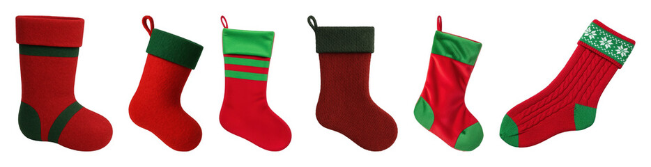 Christmas stockings set including various felt, knitted, and patterned designs isolated. Holiday decoration elements.