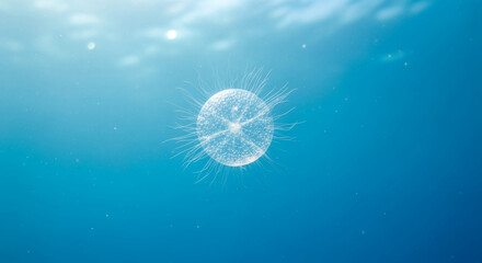 Abstract visualization of a translucent sphere with radiating filaments floating in a serene blue expanse