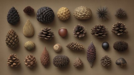 Diverse Collection of Pine Cones and Natural Seed Pods on Brown Background