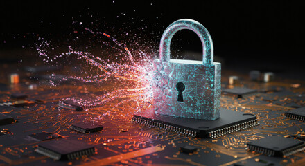 Digital Security and Cyber Protection Concept A Padlock Symbolizing Data Protection on a Microchip