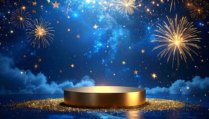 Gold pedestal against a starry night sky with fireworks