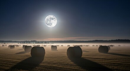 Harvest moon over a field with hay bales at night, symbolizing autumn, agriculture, and rural landscapes
