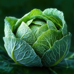 Obraz premium Fresh green cabbage head with textured leaves glowing softly on dark blurred background, showcasing natural details and freshness