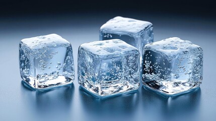Obraz premium Four clear ice cubes with visible bubbles inside resting on a reflective surface with a cool blue gradient background