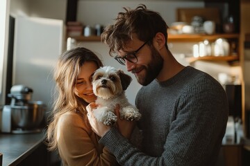 Happy young couple enjoying time together at home holding a small dog with warm natural light in cozy kitchen setting