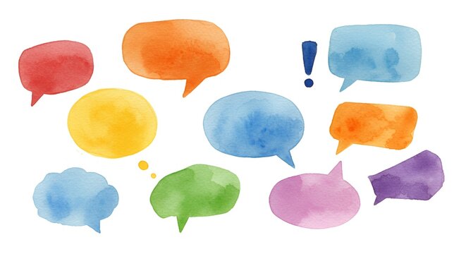 Collection of colorful watercolor speech bubbles evoking cheerful, playful communication