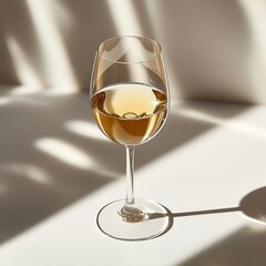 Close-up of a glass of white wine casting a shadow on a white surface with soft natural light and abstract shadows in the background