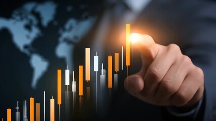 Business chart financial graph stock market investment trading data analysis growth success digital interface hand glowing candlestick chart world map technology finance economy upward trend business - Powered by Adobe