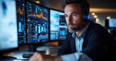 Focused man wearing headset working intensely at multiple computer monitors displaying financial data and stock market charts in a dimly lit office
