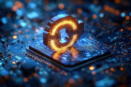 Glowing orange digital coin symbol floating above a detailed blue circuit board representing futuristic technology and digital finance