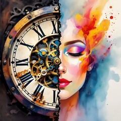Vivid Surreal Woman Portrait with Clockwork and Abstract Colors