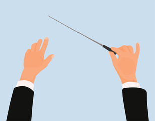 Conductor orchestra hands with baton stick directing opera concert