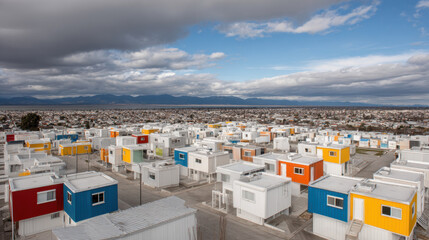 Fototapeta premium Colorful modular housing units in a dense urban landscape under a blue sky with clouds reflecting a modern neighborhood design and community planning concept