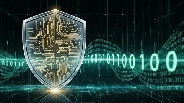 Futuristic cybersecurity concept with a digital shield protecting a stream of binary code