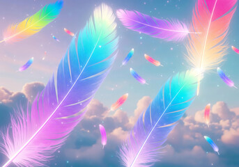 Obraz premium Luminous, pastel rainbow feathers float gracefully through a soft pink and blue sky filled with wispy clouds. Each feather shimmers with a gentle, magical glow, evoking feelings of dreams, freedom, an