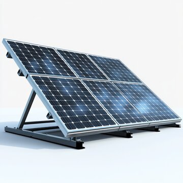 Modern solar panel array mounted on angled metal frame against plain background, reflecting light with clean and efficient energy theme