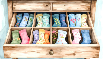Colorful Socks Organized in a Decorative Wooden Drawer